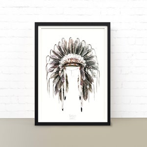 White War Bonnet. Indian American Headwear. Plakat, drukowana sztuka ścienna.