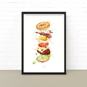 Bagel Burger Painting, Breakfast, Food Poster, printable wall art.