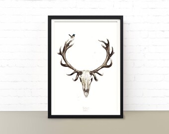 Deer Spirit. Animal Skull decorated with Indian War Bonnet. Poster, printable wall art.