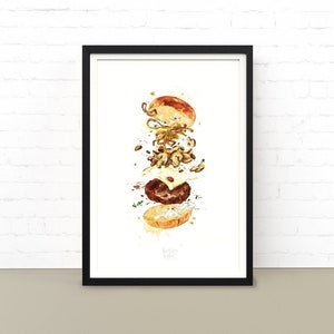 Swiss Mushroom Burger Painting, Food Poster, printable wall art.