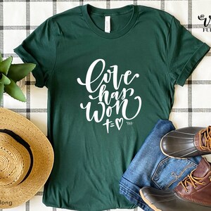 Love has won T-shirt | Unisex Jersey Short Sleeve Tee | Christian gift | hand lettering gift | coffee lover | Religious Shirt | gift for her