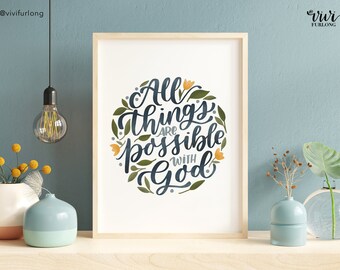 Matthew 19:26 | All things are possible |  Printable | Digital Download | Christian print | Digital DIY | Print | Poster | Floral | Line art