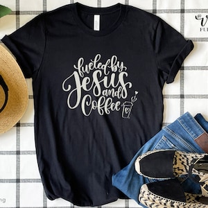 Fueled by Jesus and coffee T-shirt | Unisex Jersey Short Sleeve Tee | Christian gift | hand lettering gift | coffee lover | Religious Shirt