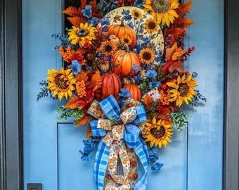 Welkomstkrans voor de herfst in blauwtinten