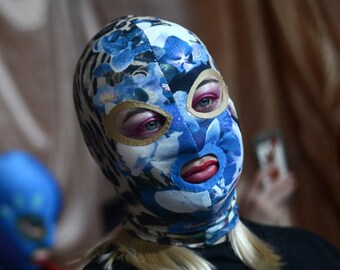 Blue Floral Animal Print Mask: Golden Eyes