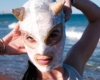 White Lace Mask with Golden Horns: Handstitched