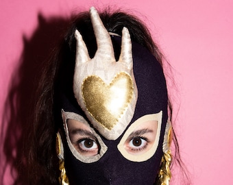 Dark Purple Face Mask: Golden Ex Voto Heart, Braid Necklace, Ponytail Hole