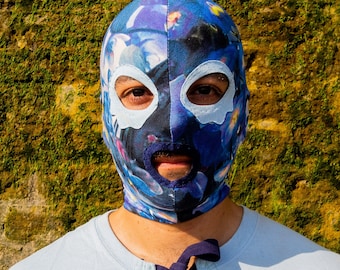 Blue Floral Animal Print Mask: Handstitched Stretchy Fabric