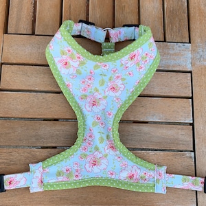 Blue with Pink Flowers  Floral Dog Harness | Adjustable Dog Harness | Dog Harness | Comfort Harness