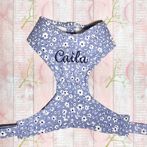 Cornflower Blue Floral Dog Harness: Embroidered Cotton, Adjustable Comfort Fit