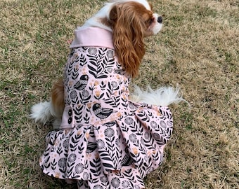 Ready to Ship Ruffle Dog Coat - One size (small/ medium) | Light Pink and Black Bird pattern