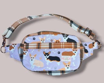 Corgi Fanny Pack | Corgis on a Purple Background with Plaid Trim | Crossbody | Dog Mom Bum Bag