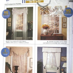 May include: A McCall's Home Decor sewing pattern showing four window valance designs. The designs include a soft fold swag, crown valance, triangle valance, and easy pleat valance. Each design is displayed in a window setting.