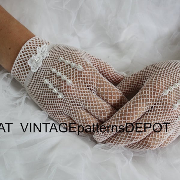 White Lace Gloves BEADED Net Lace Bridal Gloves, Women's /Teen /Older Girls full fingered mesh lace /crochet with faux pearl embellishments