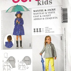 May include: A Burda Kids sewing pattern for a coat and jacket, with illustrations of children's coats and jackets. The pattern includes sizes 3-7 for US sizes and 98-122 for EUR sizes. The cover shows a child wearing a blue coat and holding an umbrella.