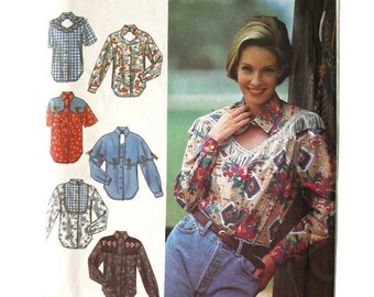 Women's Western Shirt Pattern Size 12 14 16 collar, keyhole neckline, concho, fringes yoke options, Country Cowgirl UNCUT Simplicity 8259