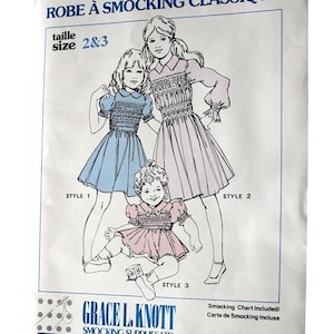 English Smocking Sewing Pattern for Girls dress, classic smocked yoke dress, size 2 - 3 UNUSED pattern by Grace L. Knott