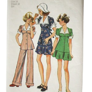 May include: Simplicity sewing pattern number 6245 for a girl's dress and trousers. The pattern includes three different styles: a green dress with white polka dots, a blue dress with white flowers, and a striped trousers and top set. The pattern is for size 14, with a 32-inch bust.