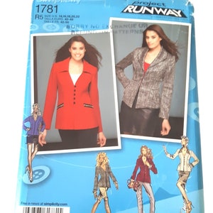 May include: A sewing pattern for a blazer jacket. The pattern is for sizes 14-22. The pattern is from Project Runway.