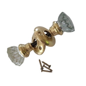 RESTORED Antique Glass Door Knob Set 12 sided replacement handles metal spindle brass door plates /escutcheons, fluted style crystal