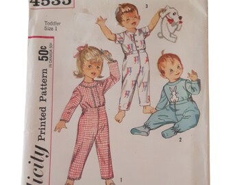1960s Sewing Pattern UNCUT Toddlers Pajamas incl Bunny Applique Transfer, girl boy Size 1, optional pj bottoms with feet, Simplicity 4535
