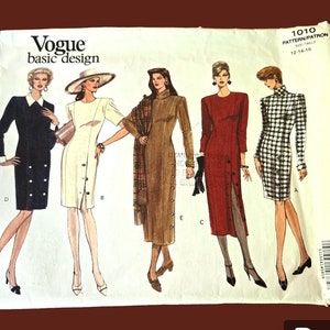 May include: Vogue basic design sewing pattern number 1010 for sizes 12-14-16. The pattern features four different dress designs, including a black dress with buttons, a white dress with buttons, a brown dress with a plaid scarf, and a red dress with a slit.