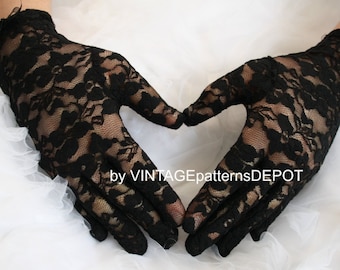 Black Lace Gloves for Women, Gloves for Bridal Formal Prom Bridesmaids, Black and White Wedding Accessories at VINTAGEpatternsDEPOT at Etsy
