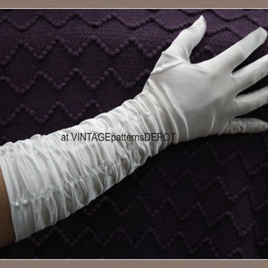 Women's Formal Gloves White OR Ivory Women Long, Ruched Satin Gloves with faux pearls, Vintage Style