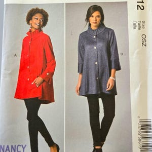 May include: McCall's M7512 sewing pattern envelope featuring two jacket variations. View A is a bright red jacket with a ruffled collar and buttons. View B is a dark blue jacket with a stand collar and buttons. The text includes M7512, Size OSZ, and Nancy Zieman.