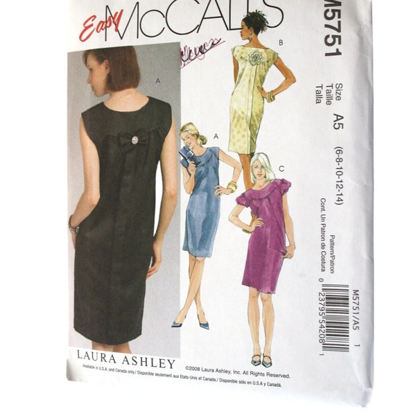 Easy LAURA ASHLEY Dress Pattern Women's Size 6 8 10 12 14 Reg and Petite Size Straight Pullover Dress UNCUT McCalls M5751 5751