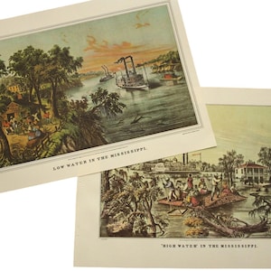 May include: Two antique prints depicting scenes of the Mississippi River. One shows a riverboat on the water with the text "LOW WATER IN THE MISSISSIPPI." The other shows people on a raft with the text "HIGH WATER IN THE MISSISSIPPI."