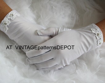 Womens White Formal Gloves Brides for Wedding Prom Evening Gloves with applique faux pearl SILVER beads one size