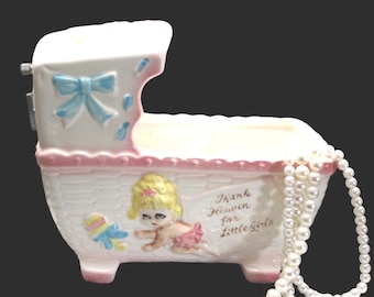 MUSIC BOX Baby Cradle Planter, Nursery Decor, Vintage,  EXCELLENT condition Made in Japan, Baby Shower gift