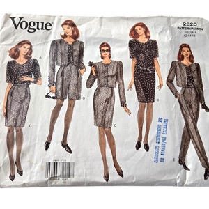 May include: A Vogue sewing pattern envelope, number 2820, size 12-14-16. The white paper envelope features illustrations of five different outfits, including jackets, skirts, shorts, and trousers in dark patterned fabrics, with a barcode at the bottom.