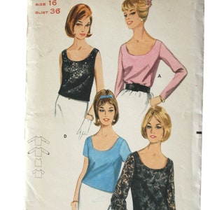 May include: Vintage Butterick sewing pattern showing illustrations of women's tops. The pattern is size 16, with a 91 cm bust. The design includes tops with long sleeves, short sleeves, and sleeveless options.