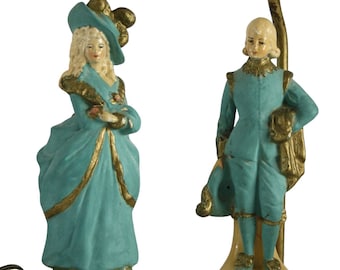 Set of 2, 1920s RARE Antique Victorian Figurine Table Lamps, Bisque Porcelain, Amazing Condition!