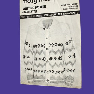 May include: Knitting pattern for a cardigan with a geometric design. The pattern is called "Mary Maxim" and the number is 6036. The pattern is for sizes 38-40-42-44.
