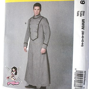 May include: A McCall's sewing pattern for a long, grey coat with black trim. The pattern number is M7939 and the size is MWW (38-40-42-44).