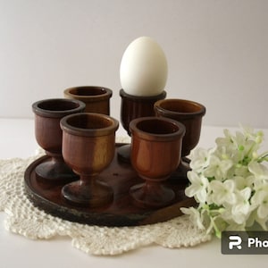 EGG CUPS WOODEN with Wood Tray, Set of 6 Vintage Kitchen mid century egg cups with crocheted doily included