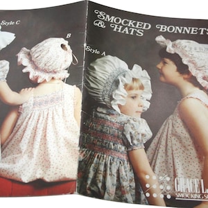 May include: A booklet with instructions for making smocked bonnets and hats. The booklet features three different styles of bonnets, each with a different design. The booklet is titled "Smocked Bonnets & Hats" and includes the text "Grace L. Knot Smocking Supplies Ltd."