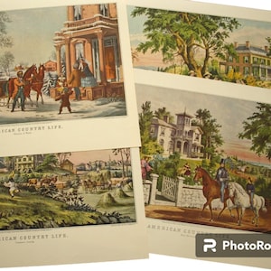 CURRIER and Ives Prints American COUNTRY Life Pictures, Vintage Reprint Pages 19th Century /1800s,  4 LARGE Pictures to Frame or Decoupage