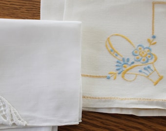 Vintage napkins 4 Included, Napkins OR use as Doilies embroidered and lace corner one with drawn-work, 1960s vintage linens