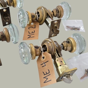 ANTIQUE Door Handles Brass and Glass Knob, mercury star center, metal spindle, latch, brass rosettes, strike plate CLEANED and CHECKED