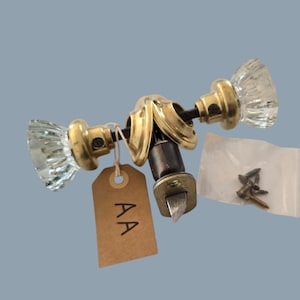 ANTIQUE Glass Door Handle Knobs Glass and Brass 12 sided crystal knobs with metal spindle and brass rosette door plates clean RESTORED