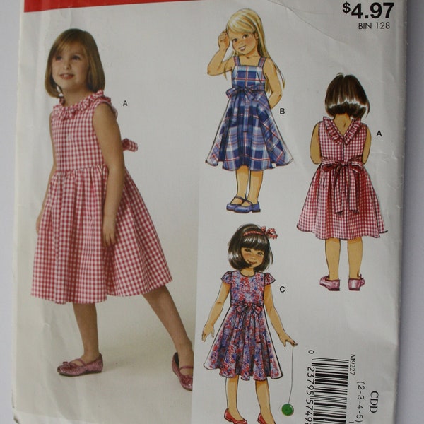 EASY Dress Patterns Toddlers /Girls size 2 3 4 5, Raised waist dresses with tie ends, fit and flare style UNCUT McCalls M9227 9227