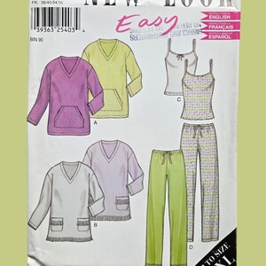 May include: A New Look sewing pattern envelope featuring illustrations of loungewear. Designs include V-neck long-sleeve tops with front pockets, some with fringe trim, a camisole with a bow, a polka-dot camisole, and solid or patterned pyjama trousers.