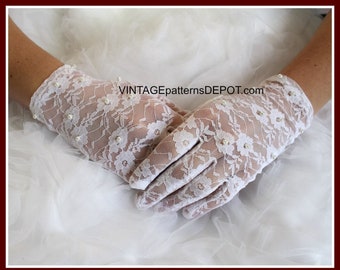 White Lace Gloves with Pearl Beads, Womens Full Fingered Bridal Gloves Wedding Accessories or Prom,  Bridesmaid, Special Occasions