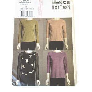 Könnte beinhalten: Ein Schnittmuster für ein Damen-Oberteil mit vier verschiedenen Stilen. Das Schnittmuster ist für die Größen 16-18-20-22-24. Das Schnittmuster ist von Vogue Patterns Designer Original und heißt "Marce Tolton".