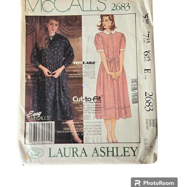 Easy LAURA Ashley Dress Pattern Women's size 6 8 10 regular and petit-able, Pullover Dress with Gathered Skirt UNCUT McCalls 2683