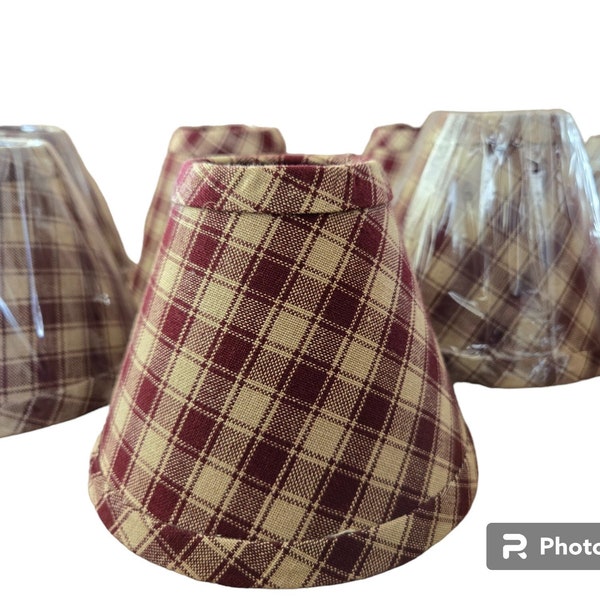 Small LAMPSHADES New VINTAGE Country Lamp Shades Burgundy and Beige Plaid FABRIC with clip on bulb for small lamps chandeliers sconces